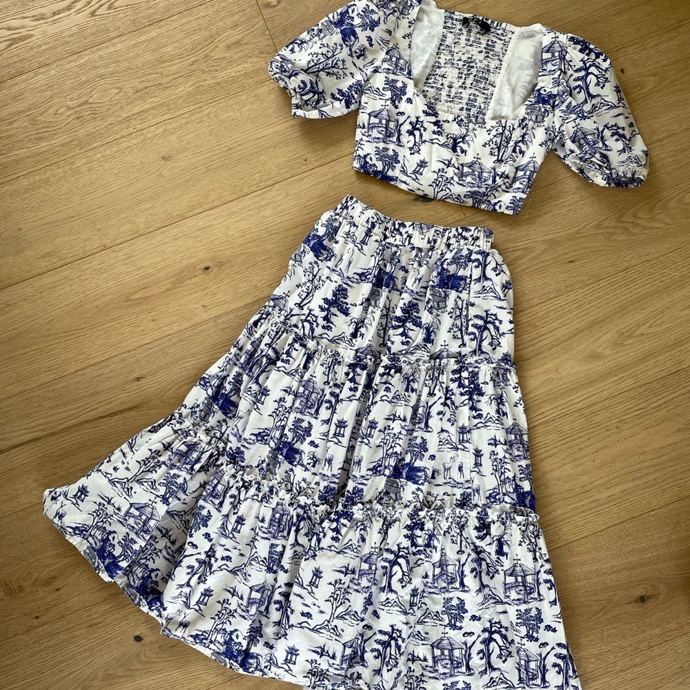 O.P.T Blue Toile Print Crop Top Puff Sleeve Skirt Set Cottagecore Small Anthro - Picture 4 of 10
